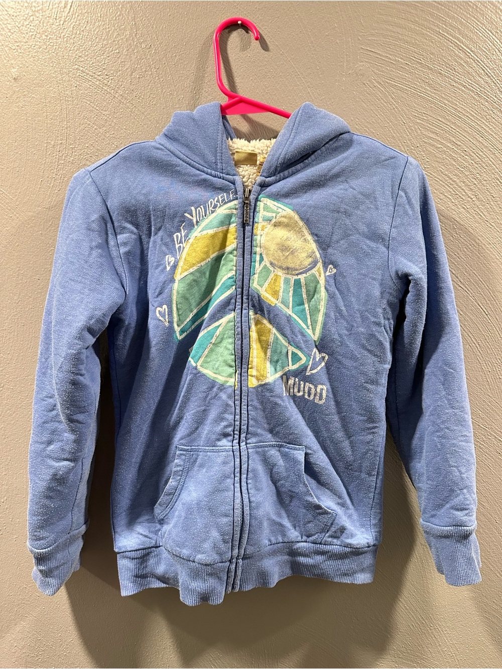 Vintage Mudd Girls' Blue Peace Sign Zip-Up Sherpa Lined Hoodie